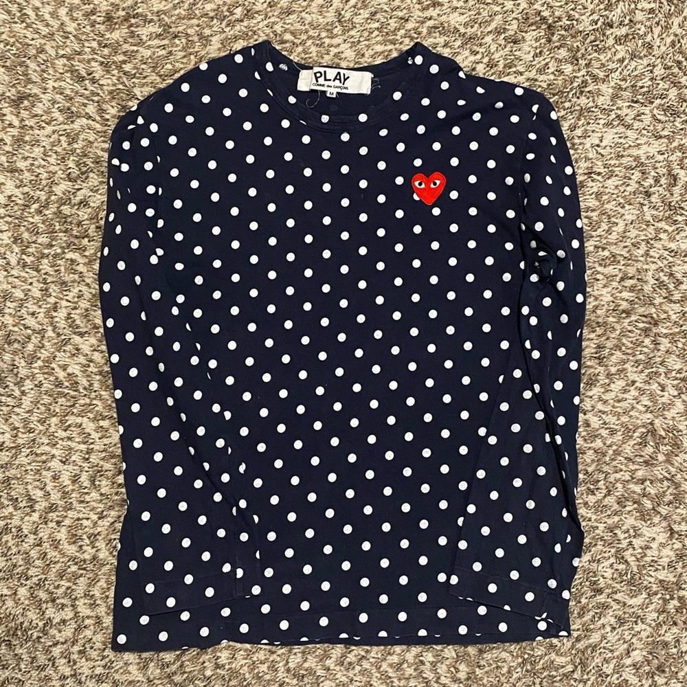 Comme Des Garcons PLAY Classic Red Heart Long Sleeve T-shirt Polka Navy Size M